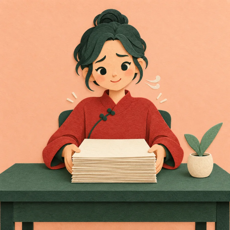 A person places a stack of papers on a desk and nods calmly