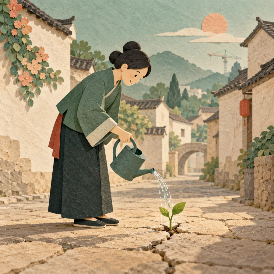 A person waters a green sprout on an old village street