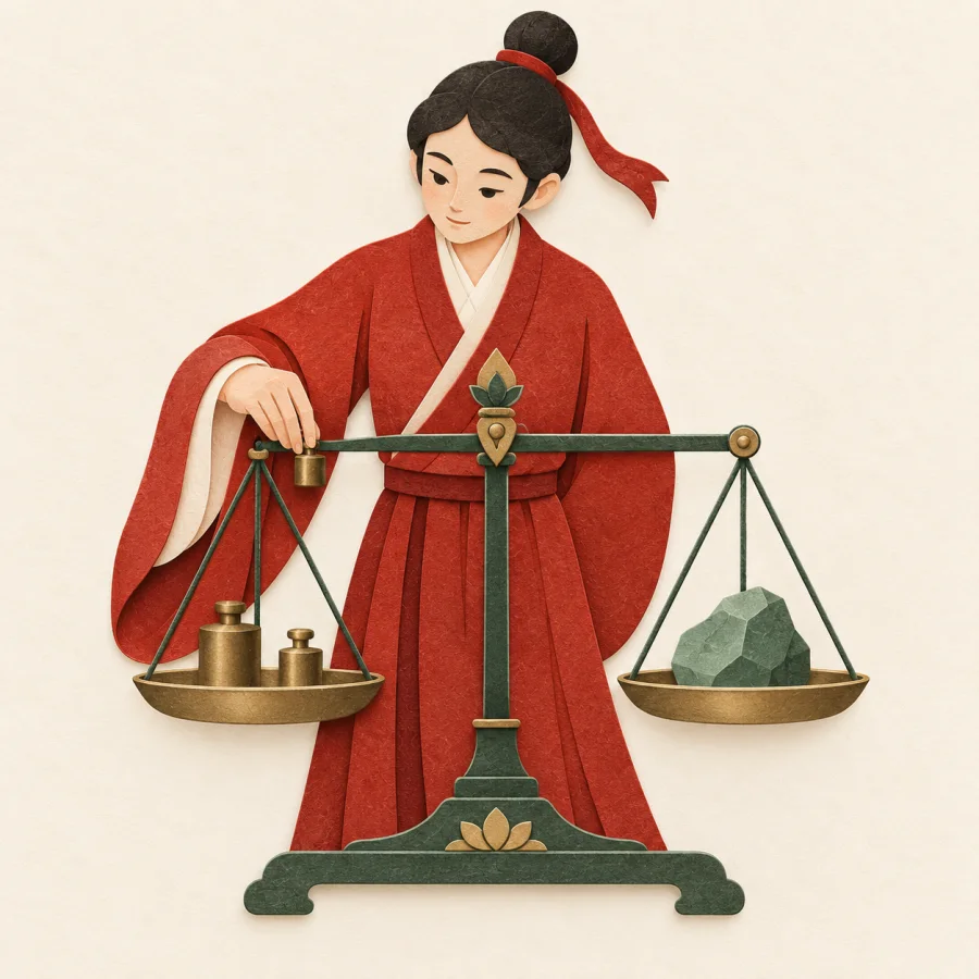 A person balances a pair of scales by shifting weights