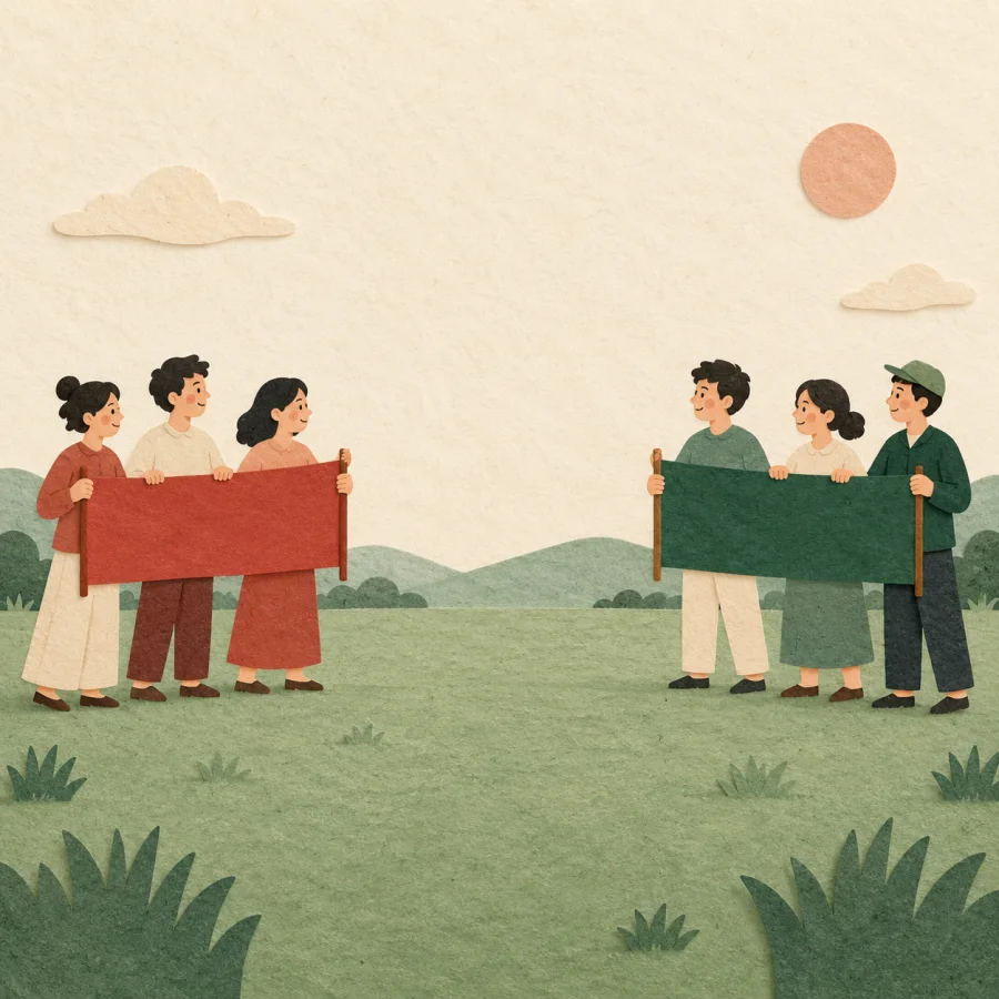 Two groups of people face each other across a field