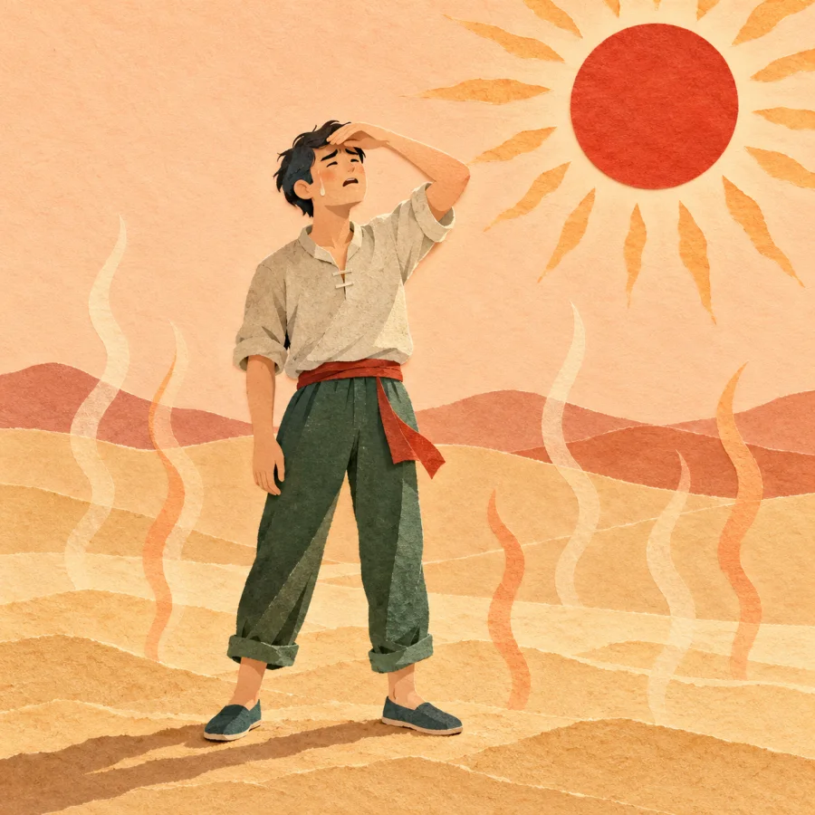 A person shields their face from heat over hot sand