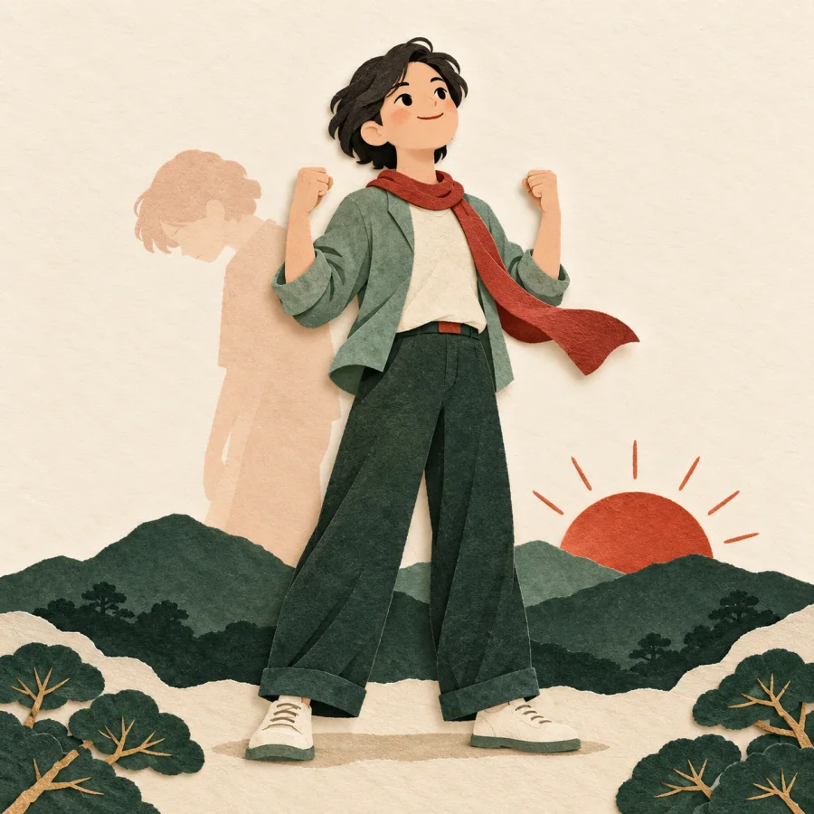 A person straightens their back and raises fists as the sun rises