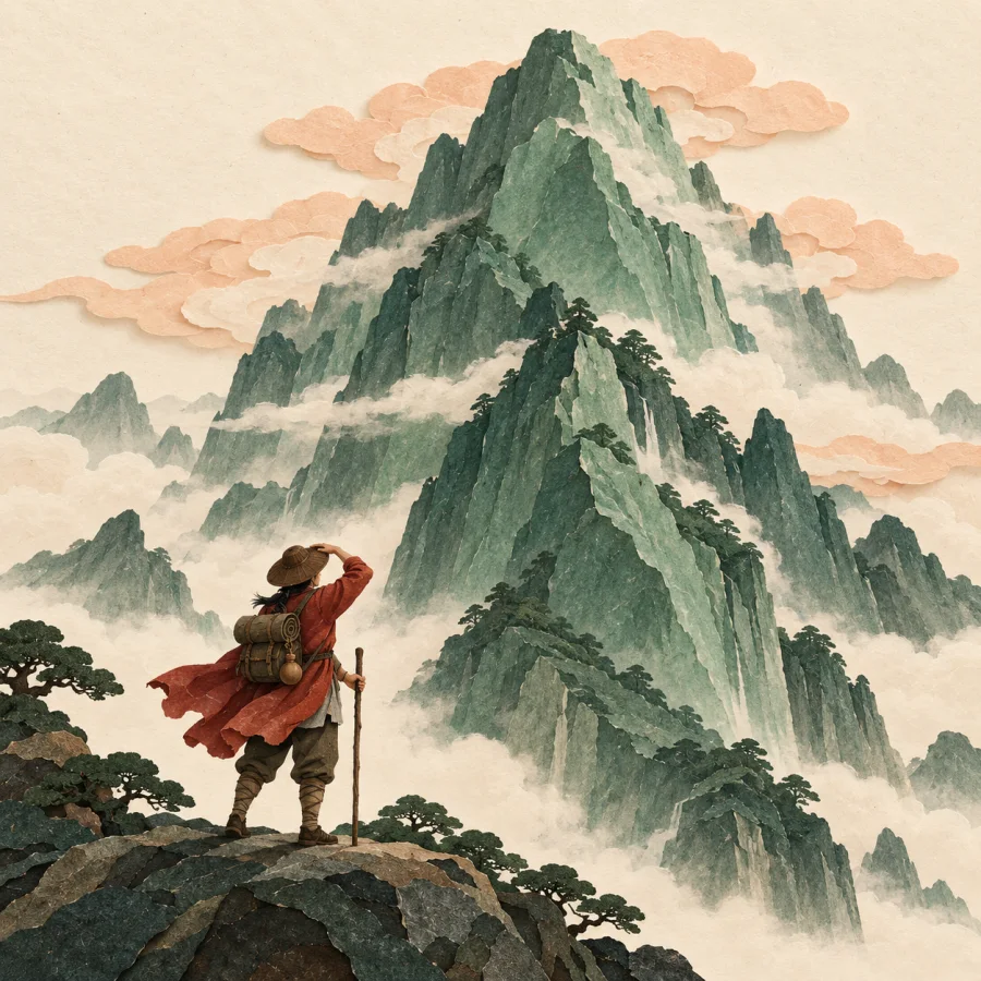 A traveler with a staff squints up at a tall mountain