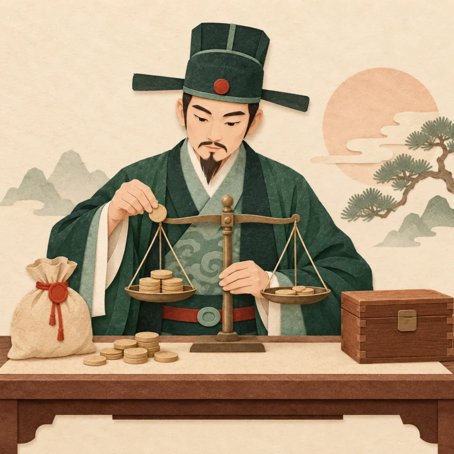 An official weighs coins on old scales beside a chest