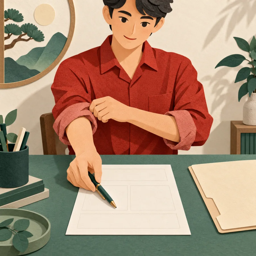 A person rolls up sleeves and starts on a plan at a desk