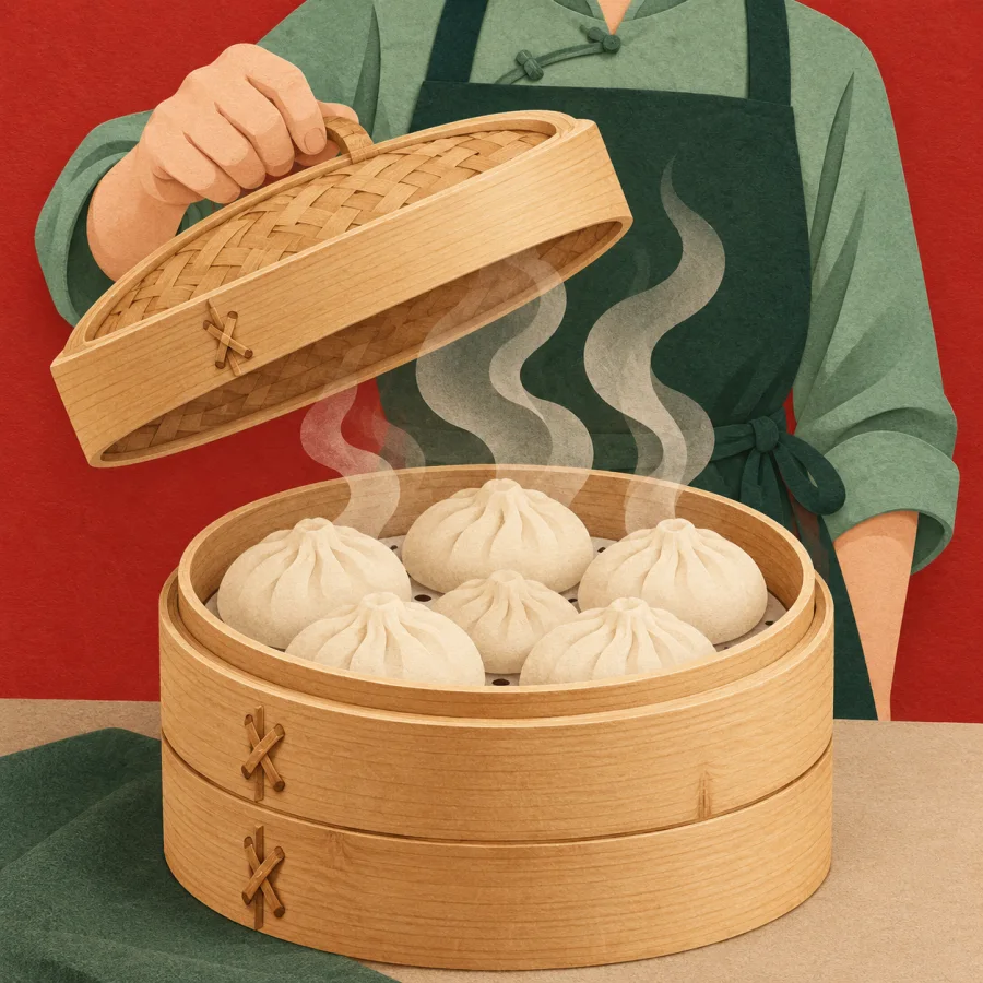 A cook lifts the bamboo lid off a basket of steamed buns