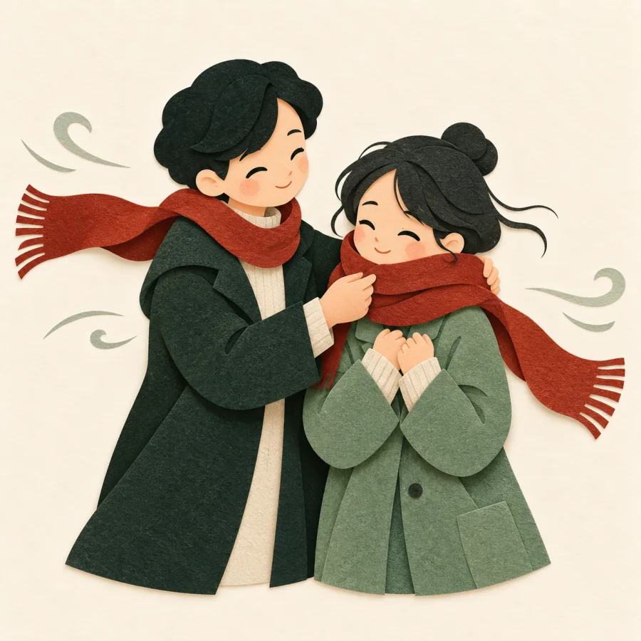 A person wrapping a scarf around another person on a cold day