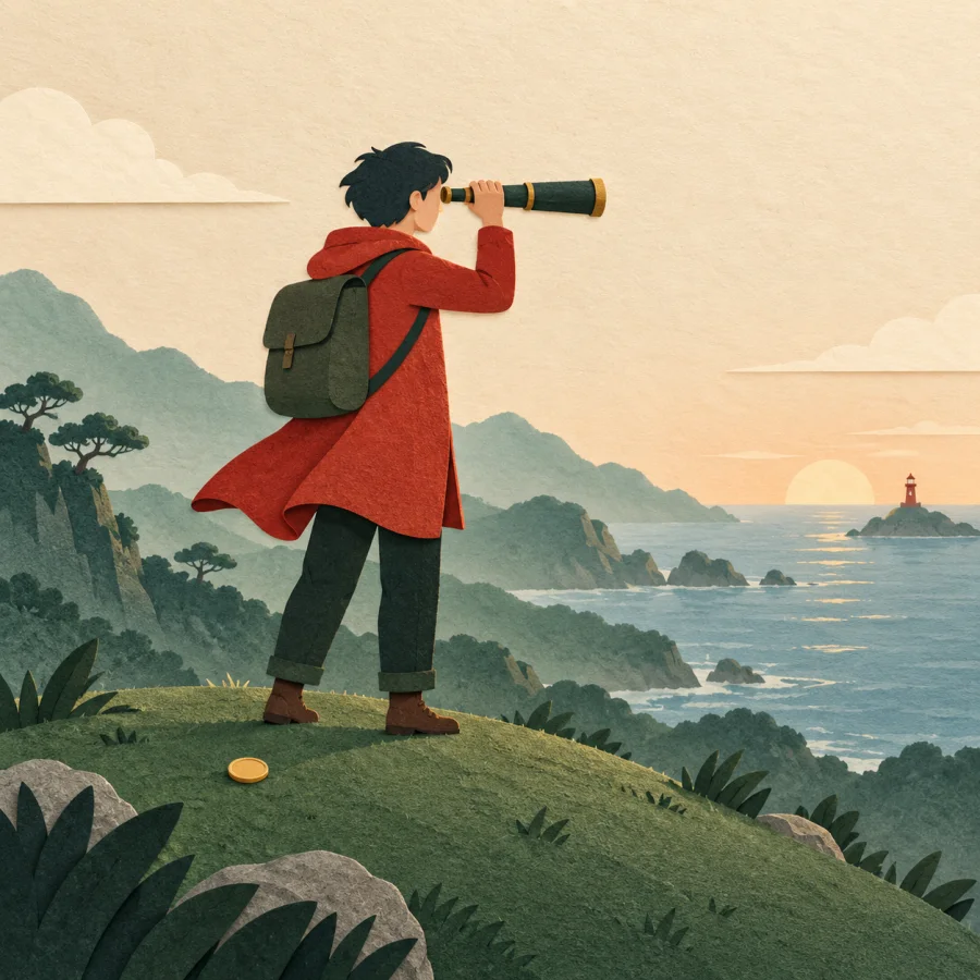A person looking through a spyglass at a distant lighthouse