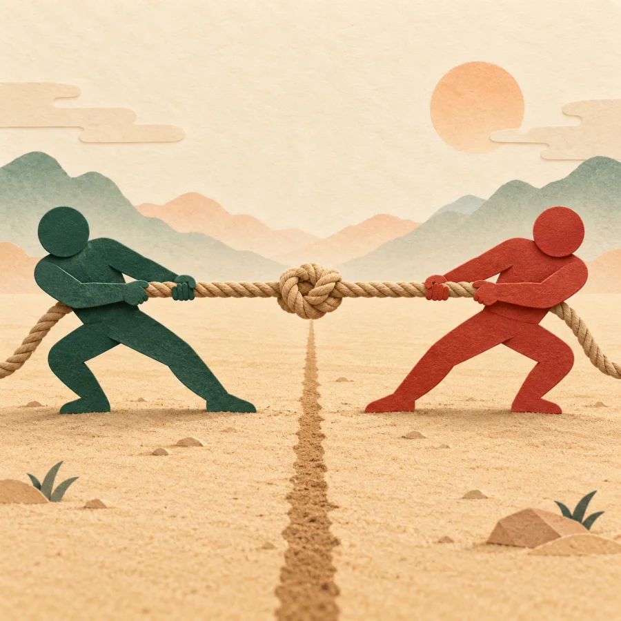 Two figures pulling opposite ends of a rope across a line