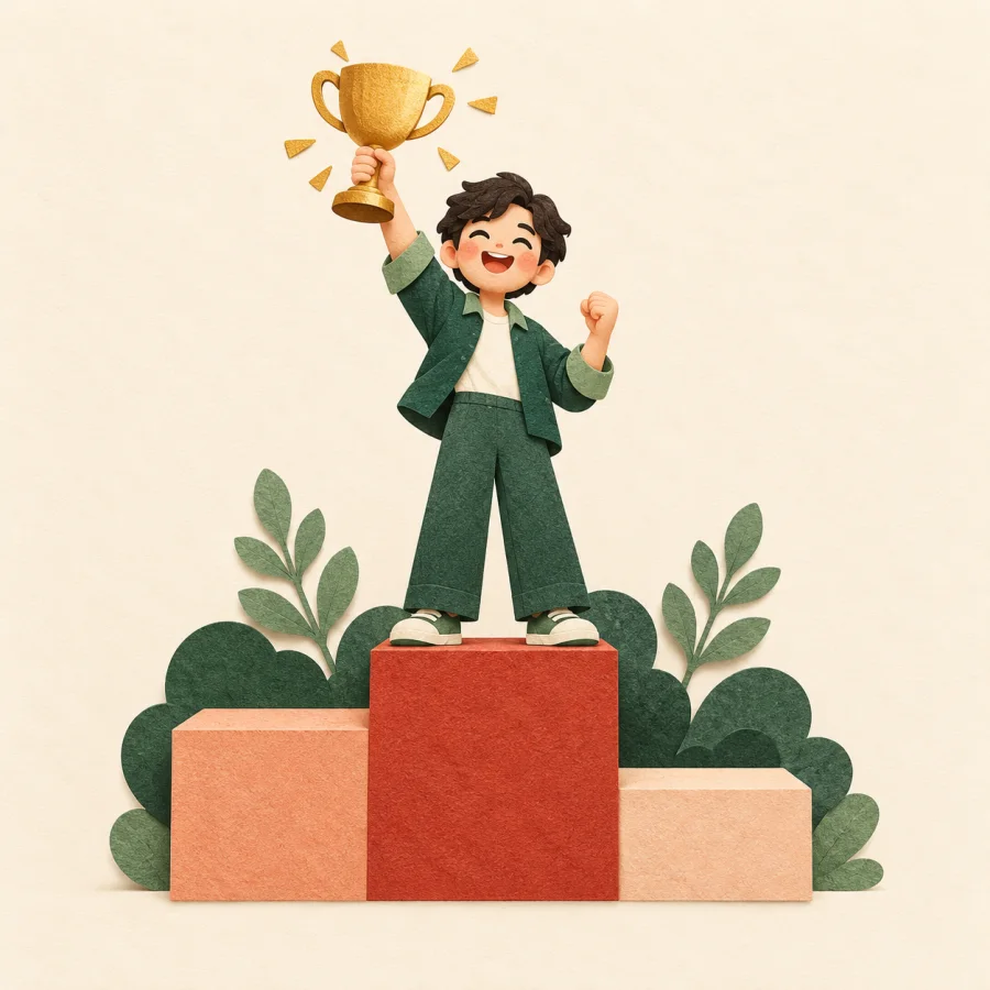 A person holding a trophy on the tallest podium step