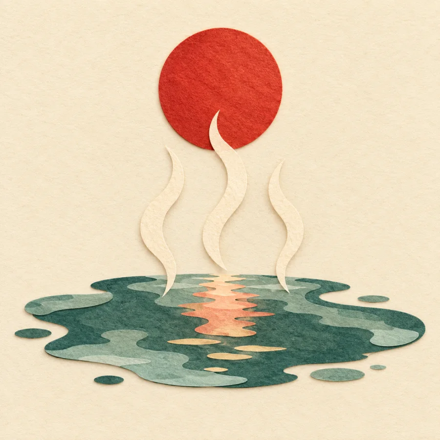 Sun above a puddle with vapor rising from the water