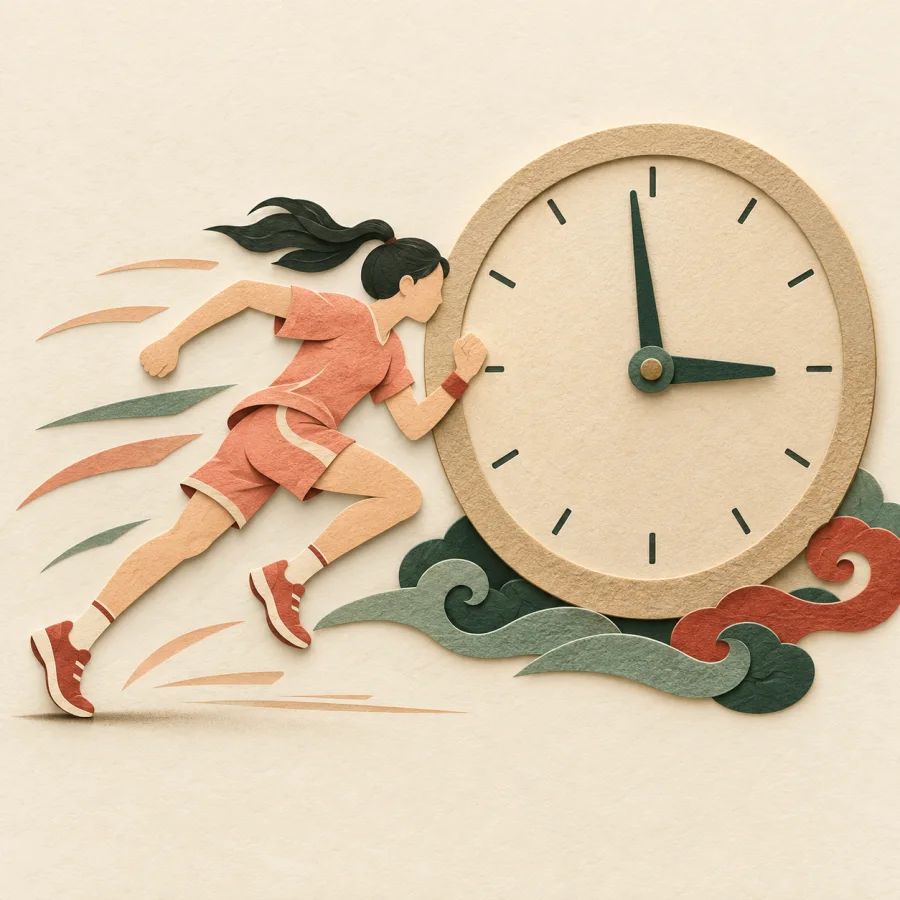 A runner sprints toward a large wall clock
