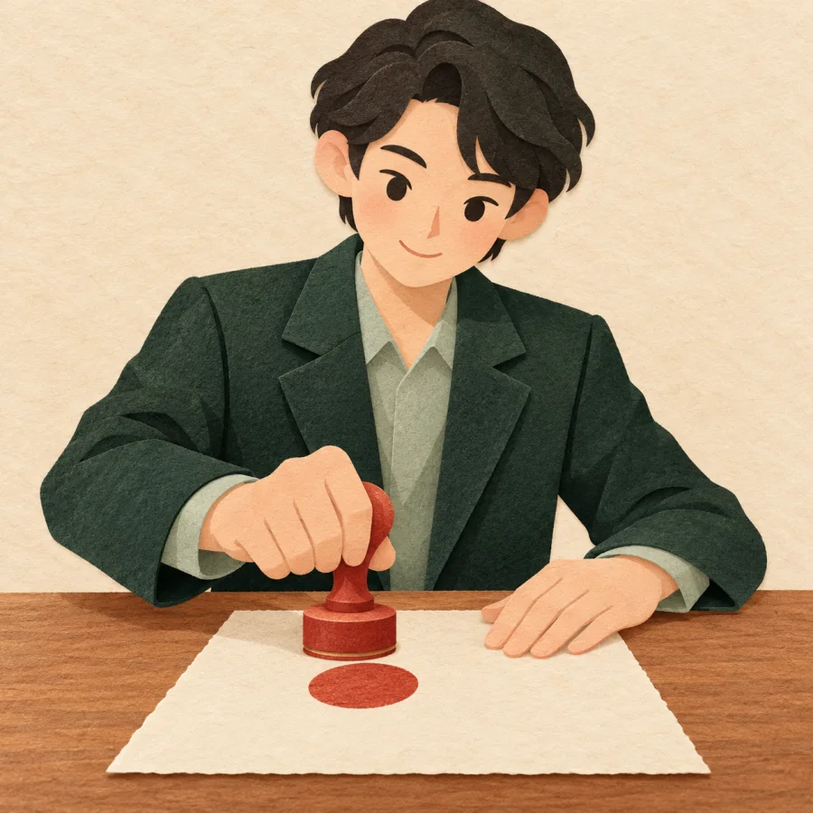 A person stamps a document at a desk