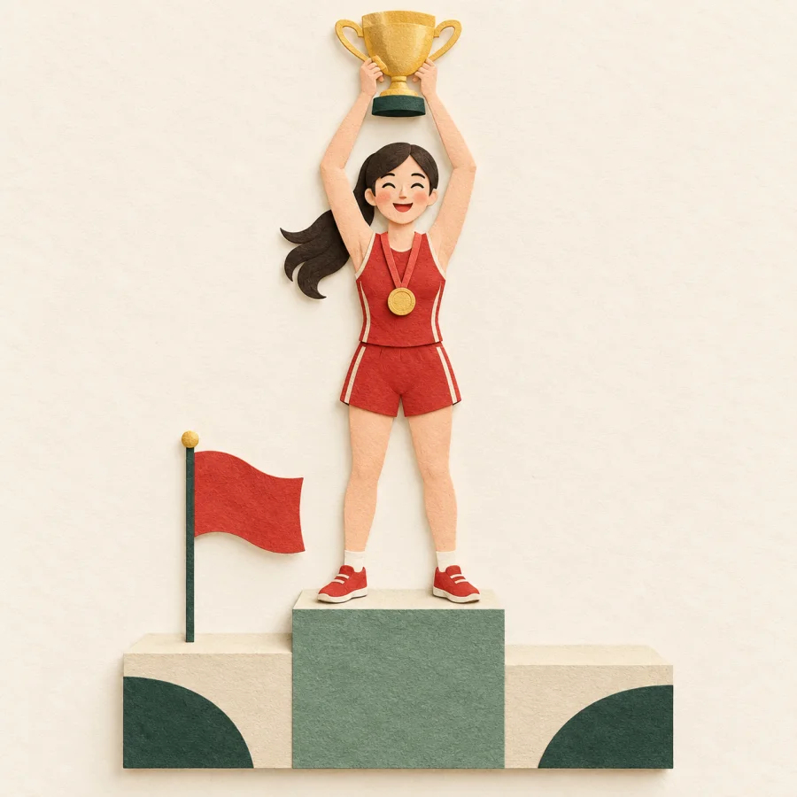 An athlete on a podium lifts a trophy in triumph