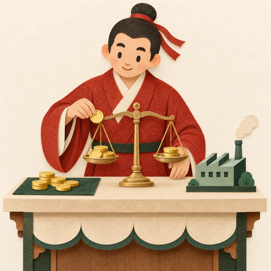 A merchant weighs red coins on scales beside a small factory model