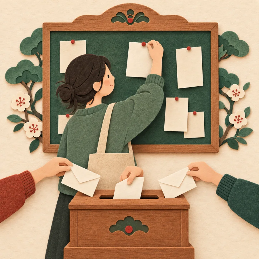 A person collects suggestion envelopes in a box by a board