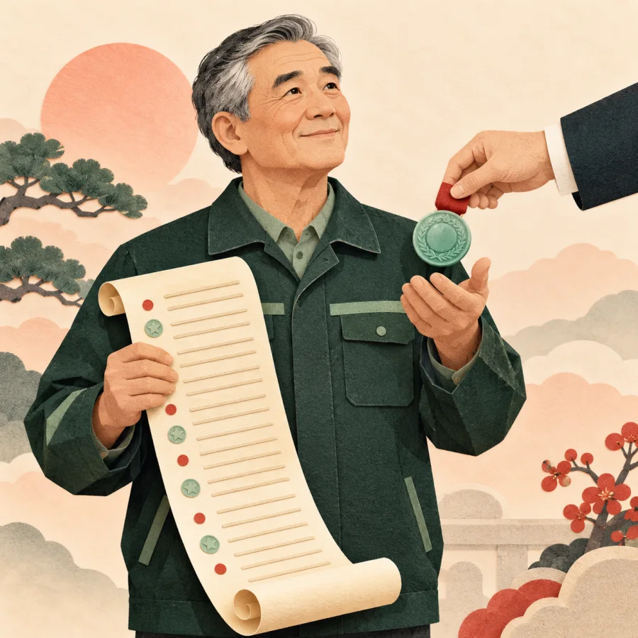 A worker with a long service scroll receives a badge from a manager