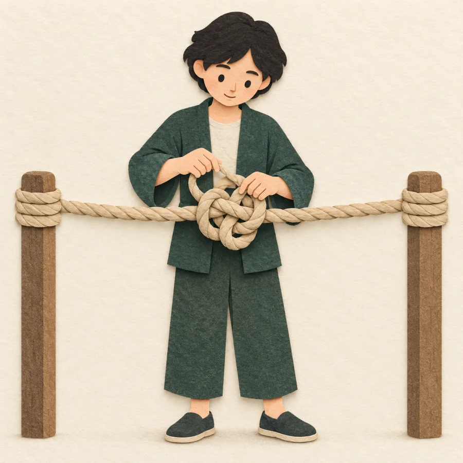 A person unties a central knot in a tangled rope