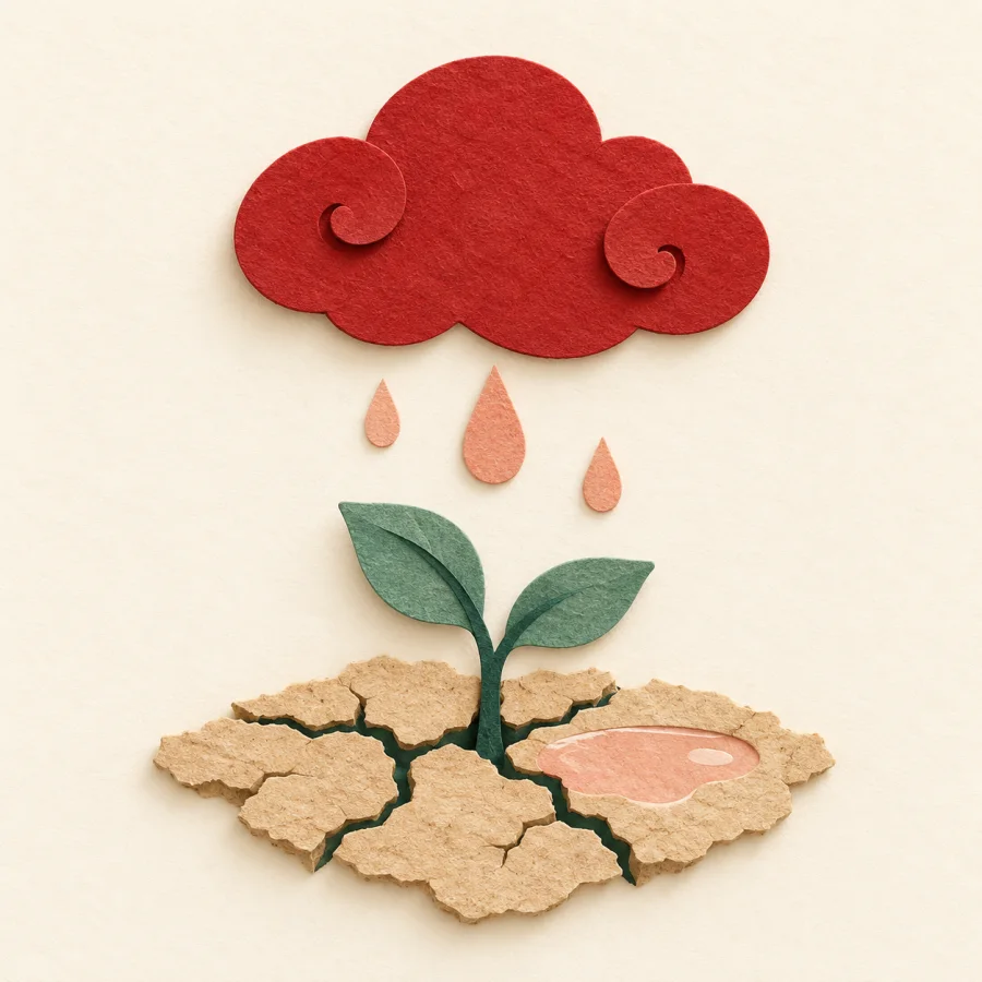 Raindrops fall onto cracked soil where a small jade-green sprout grows