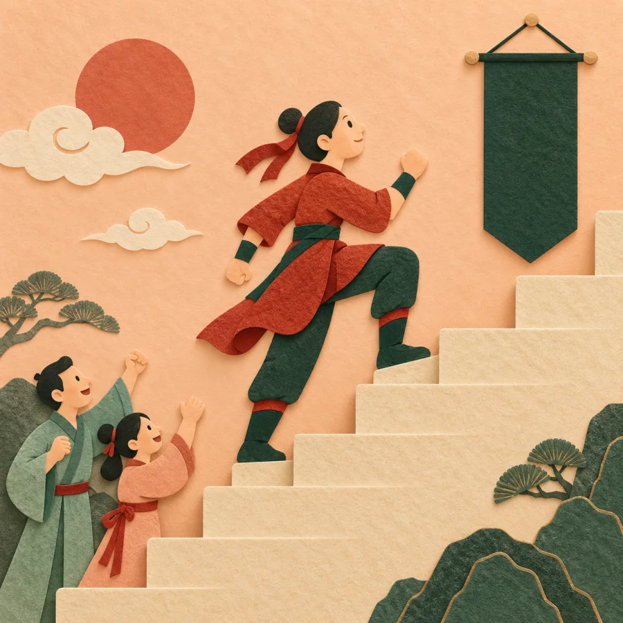 A determined person climbs stairs while family members cheer from below