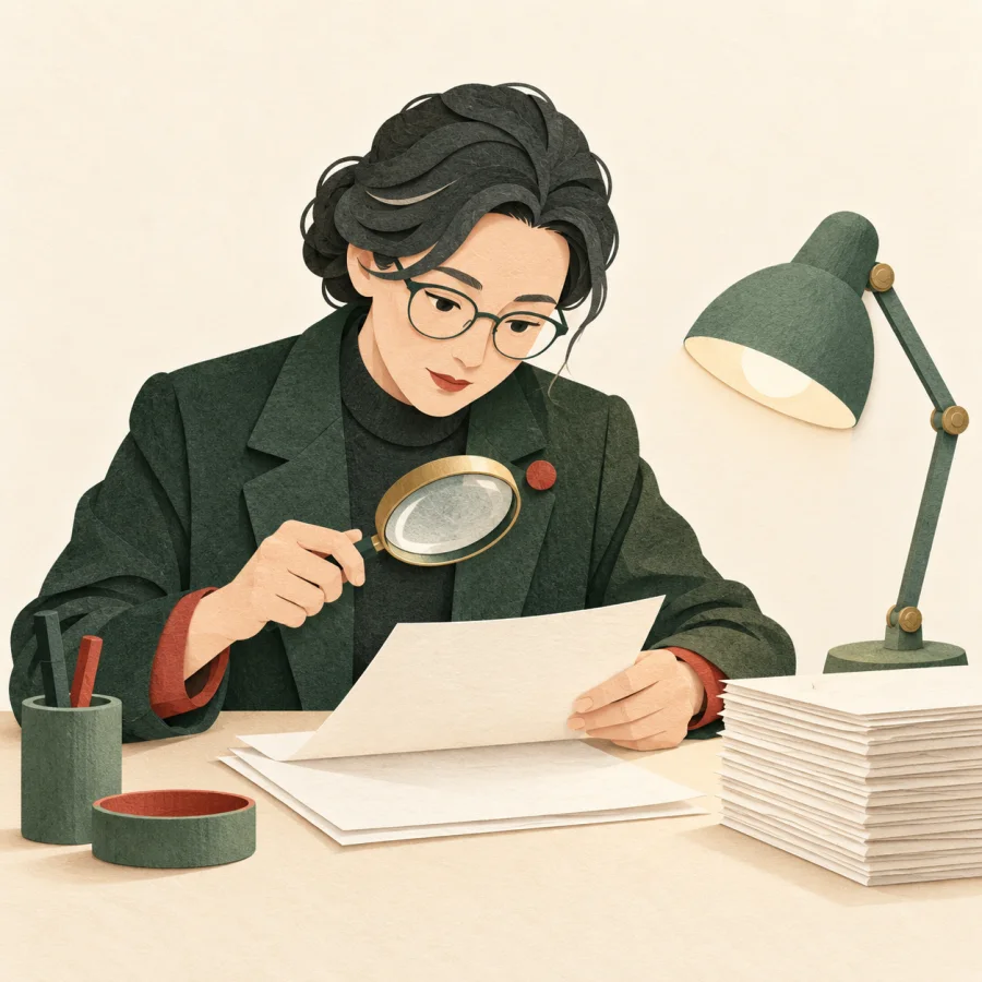 A senior journalist examines documents with a magnifying glass at a desk