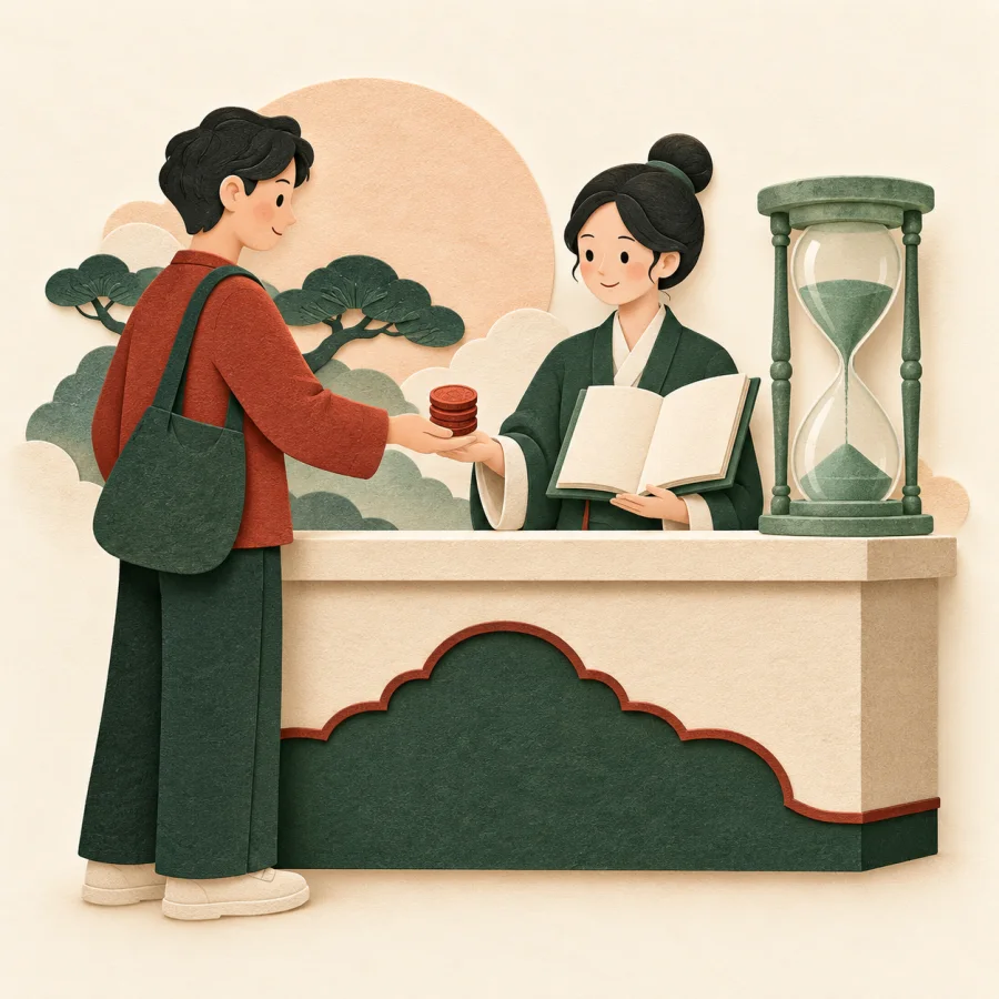 A person hands coins across a counter to a clerk collecting tax