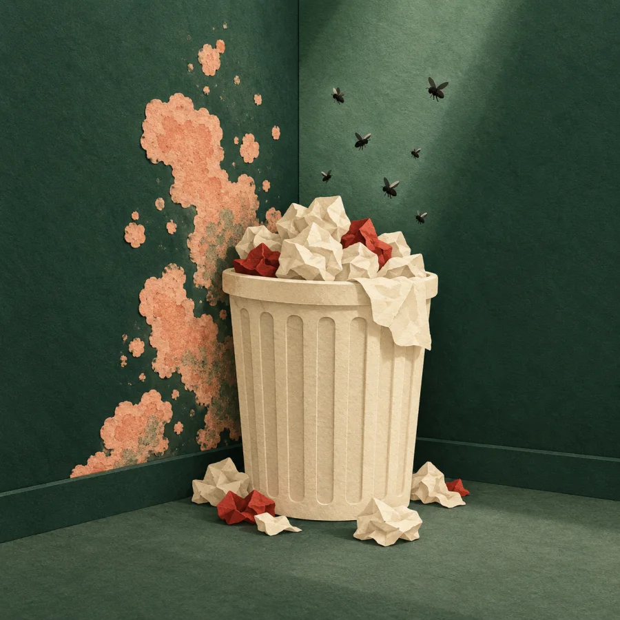 Mold patches spread in a damp corner beside an overflowing waste bin
