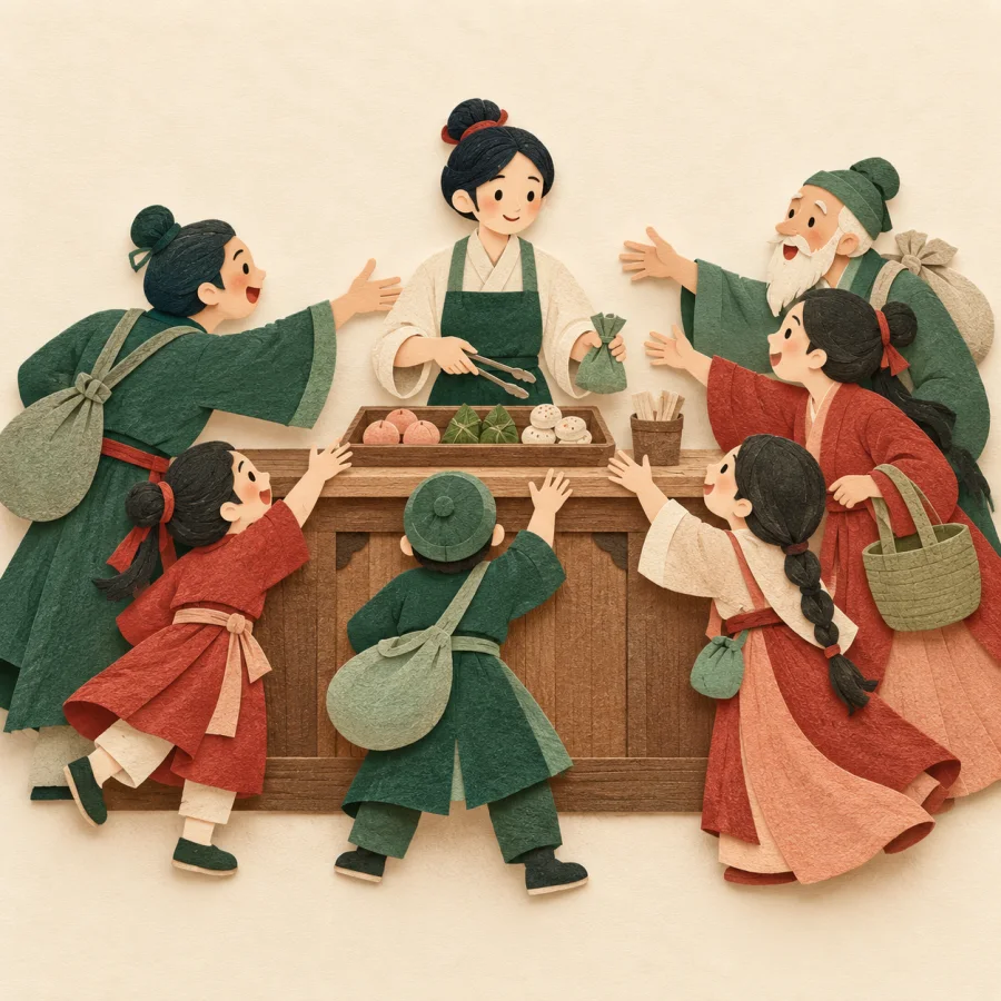 People eagerly reaching toward a counter