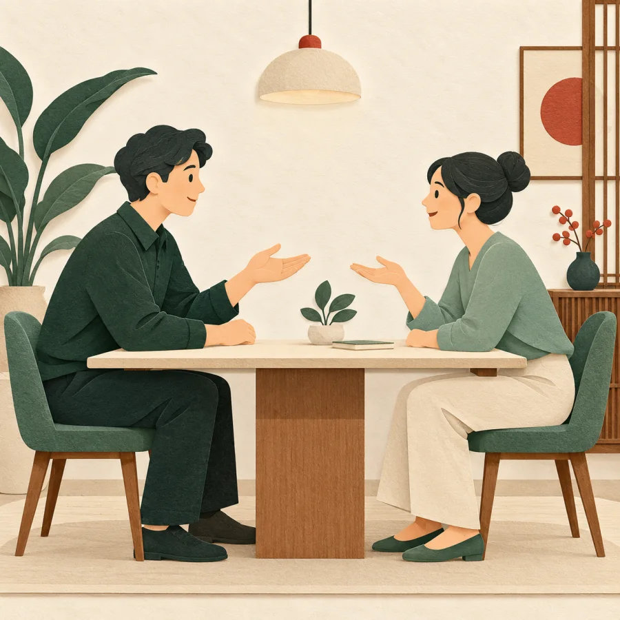 Two people at a table reach open hands toward each other