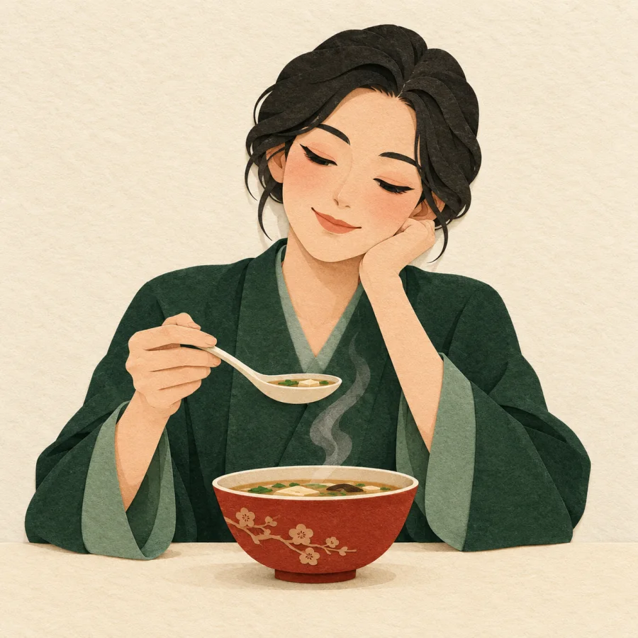 A person thoughtfully tastes soup at a dining table