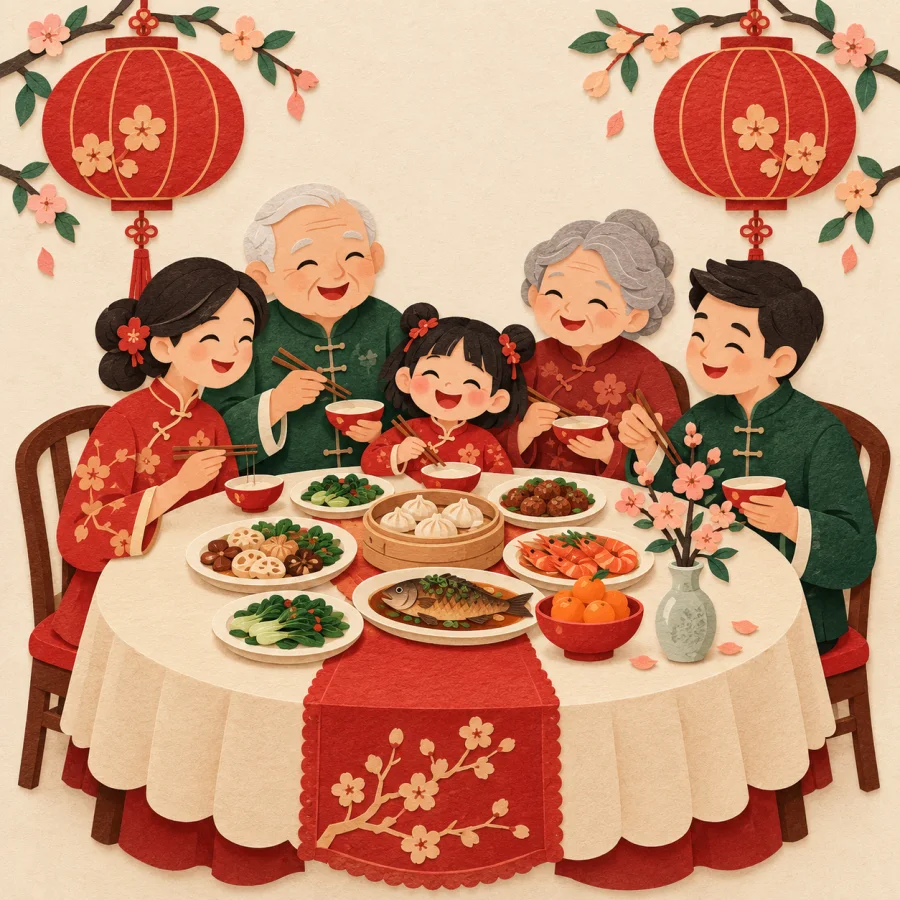 A family celebrates around a table under red lanterns