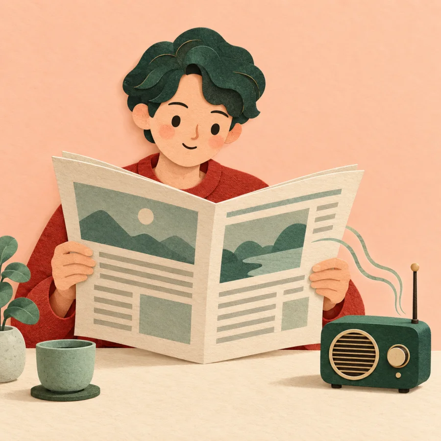 A person reads a newspaper next to a small radio
