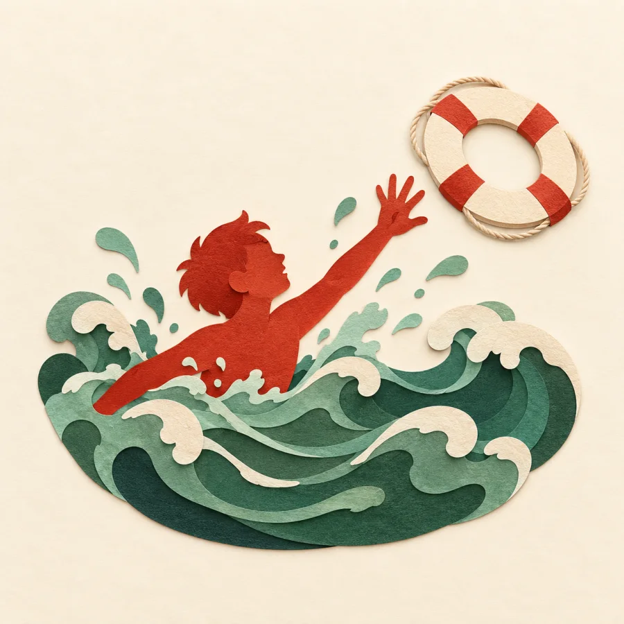 A person splashes in water, reaching out toward a lifebuoy