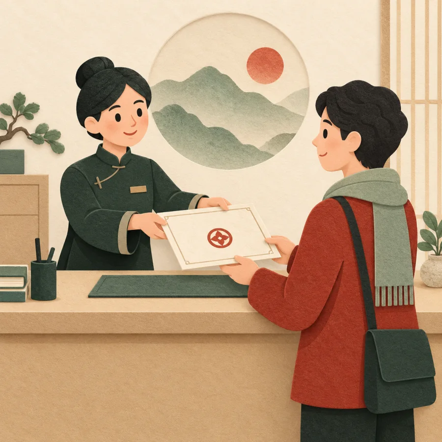 A clerk hands a person a certificate stamped with a red seal