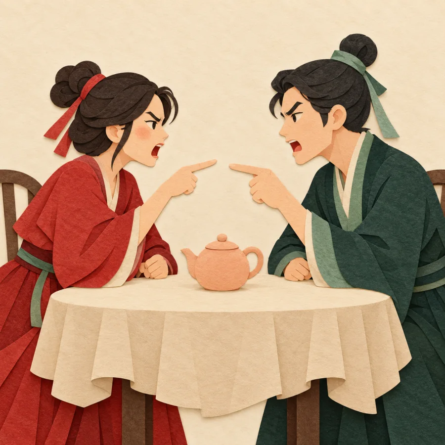 Two people argue across a table, pointing at each other