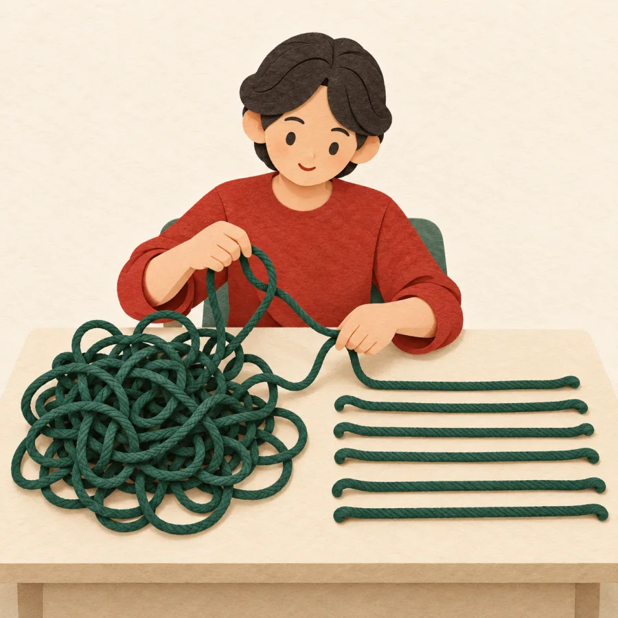 A person untangles ropes and lays them into neat parallel rows