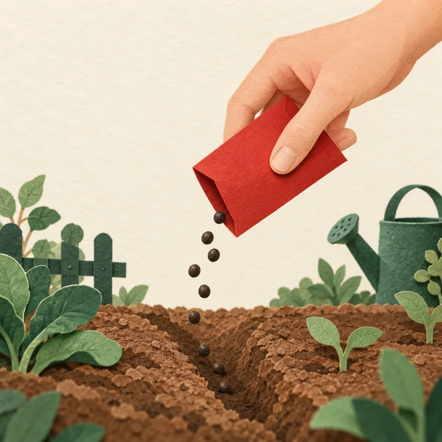 Seeds pouring from a red packet into a soil furrow