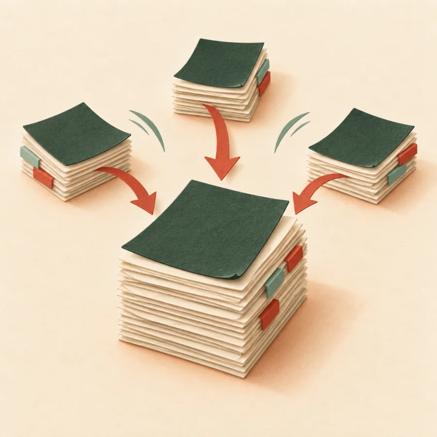 Three stacks of papers merging into one pile