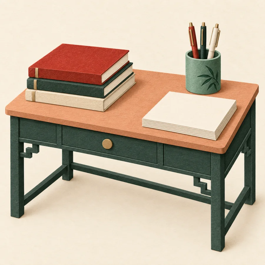 A tidy desk with neatly stacked books and a pen cup