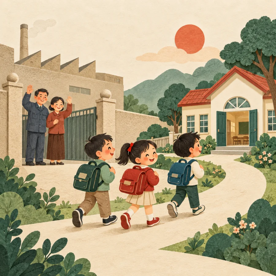 Children walking to school as parents wave from a gate