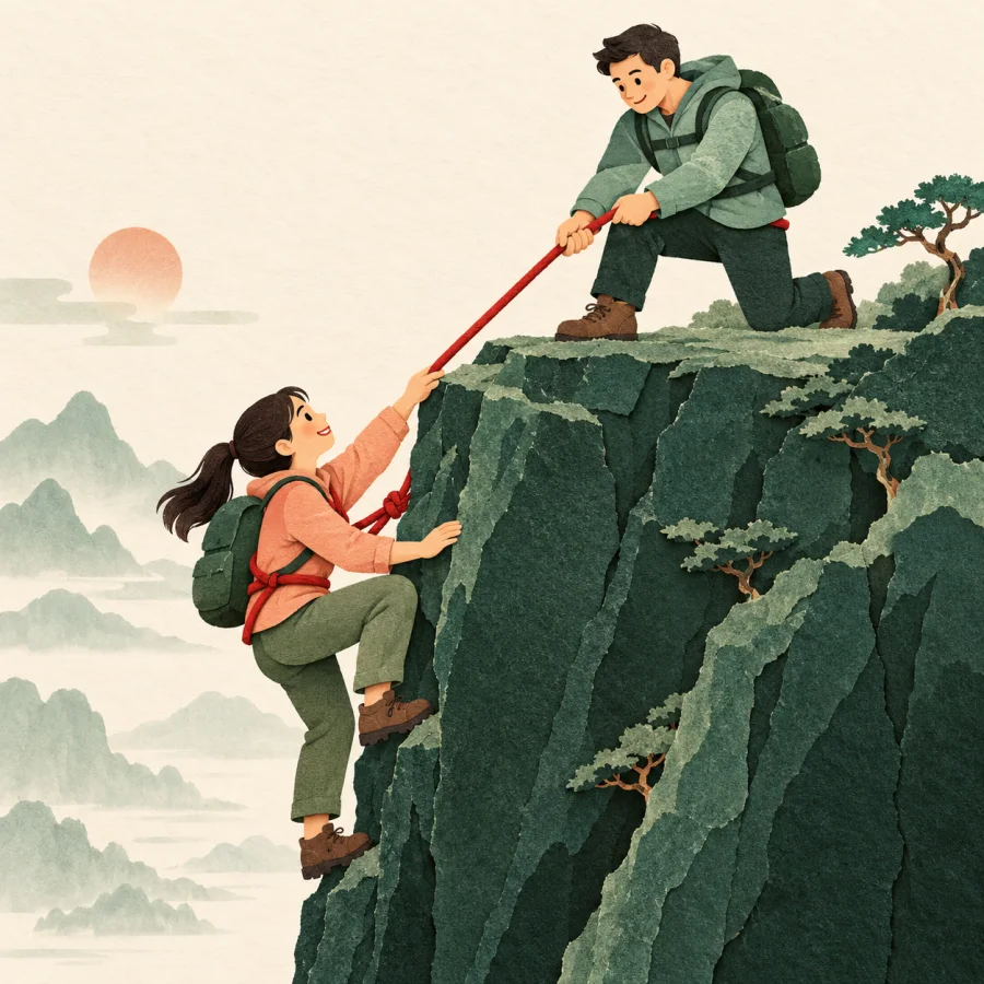 A person pulling another up a cliff with a rope