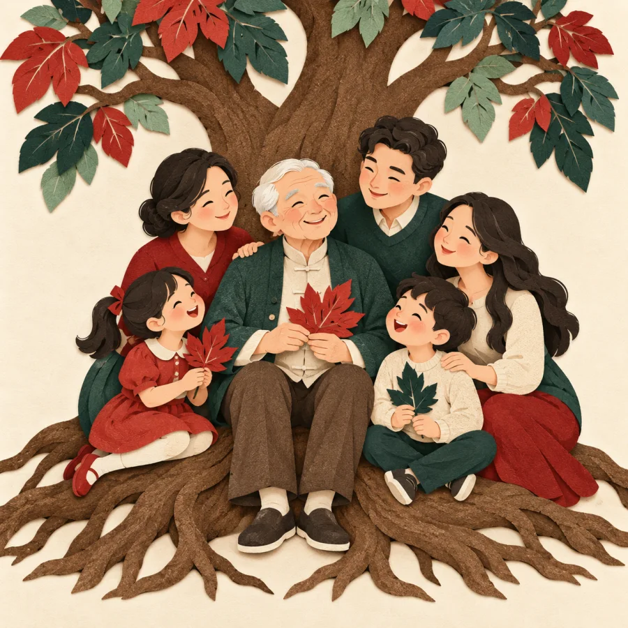 A grandfather surrounded by children and grandchildren under a large tree