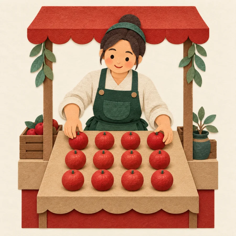 A vendor arranging whole round fruits in neat equal groups at a stall