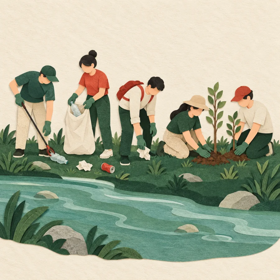 People cleaning a river bank and planting young trees