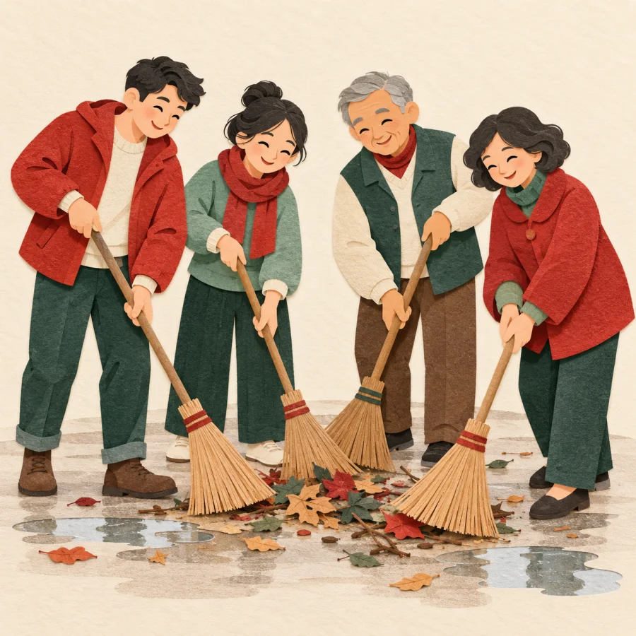 Neighbours sweep the street together with brooms after a storm