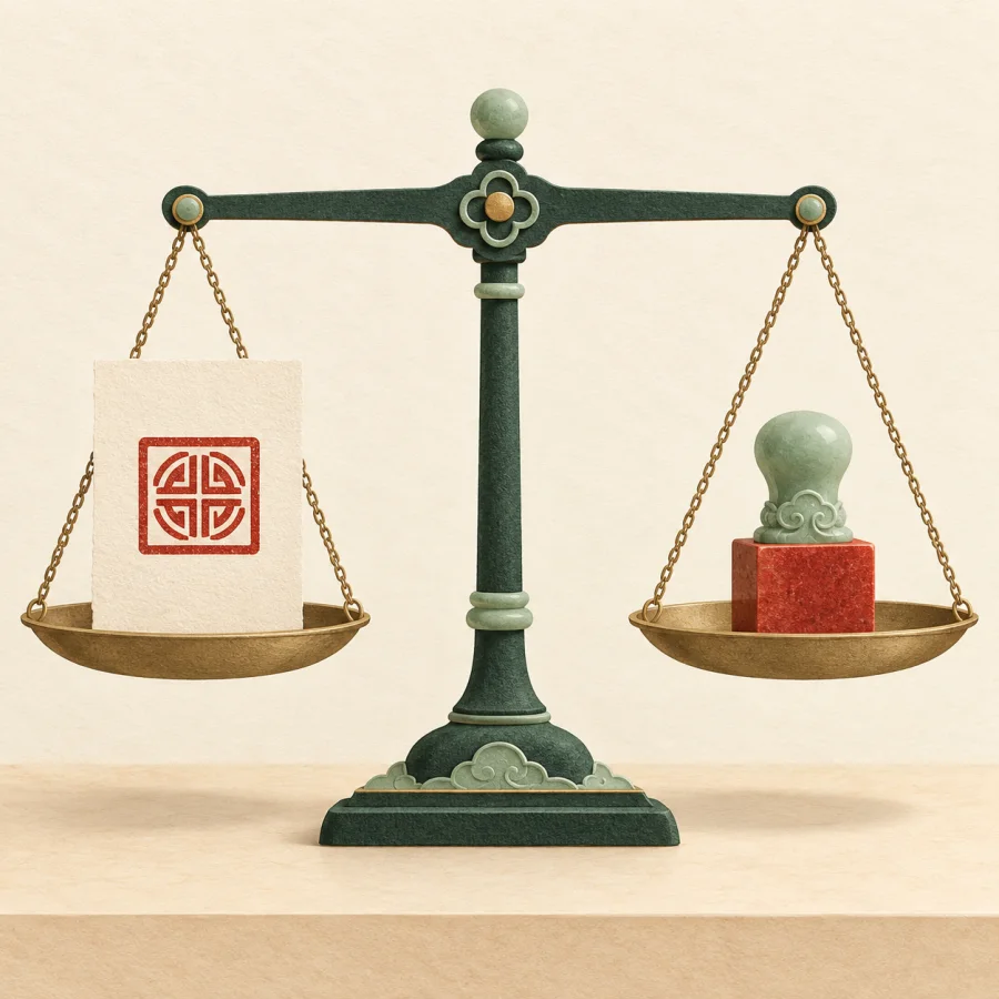 Balance scales perfectly level beside a document on a desk