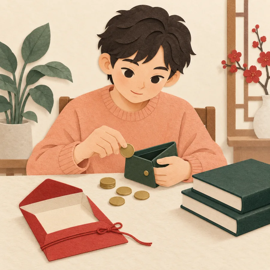 A student counts coins beside books on a desk