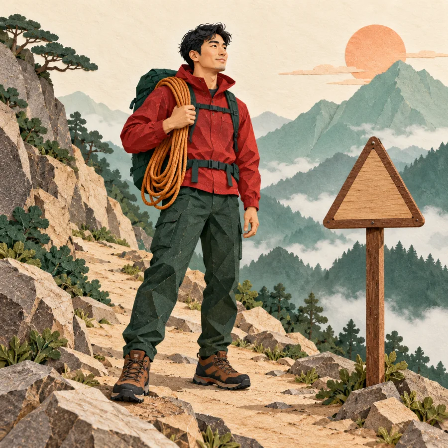 A lone hiker carries a rope along a mountain path near a signpost