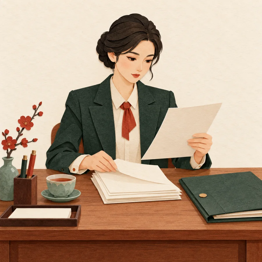 A person sits upright at a desk, seriously reviewing documents with a cup of tea
