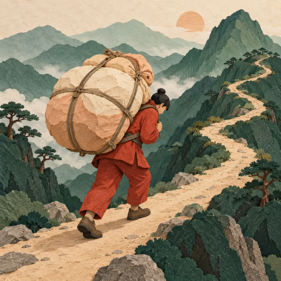 A lone traveler carries a huge heavy bundle along a mountain path